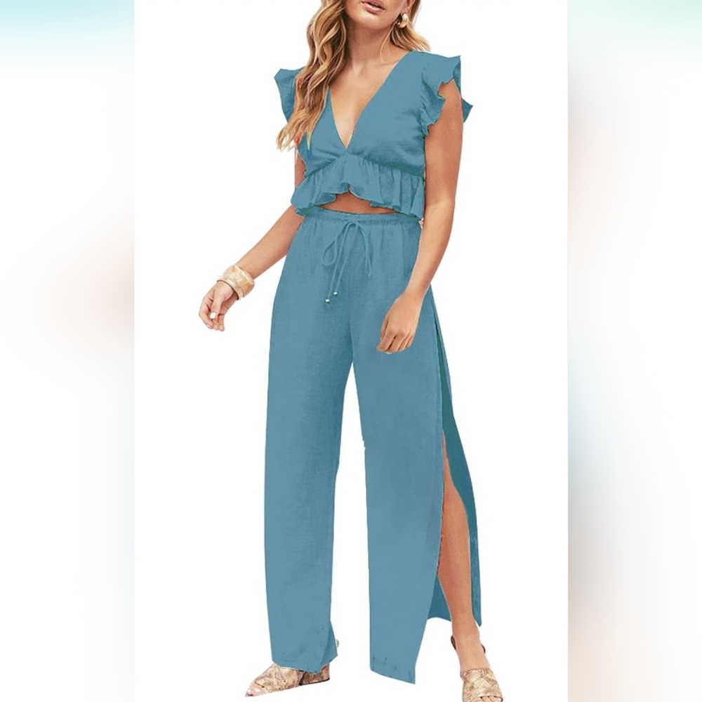 Blue 2 Piece Jumpsuit with High Side Slit and Elastic Waistband